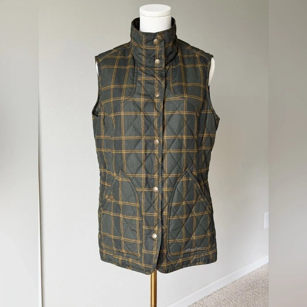 Eddie Bauer Olive Green Plaid Quilted Vest Lightweight Puffer - M